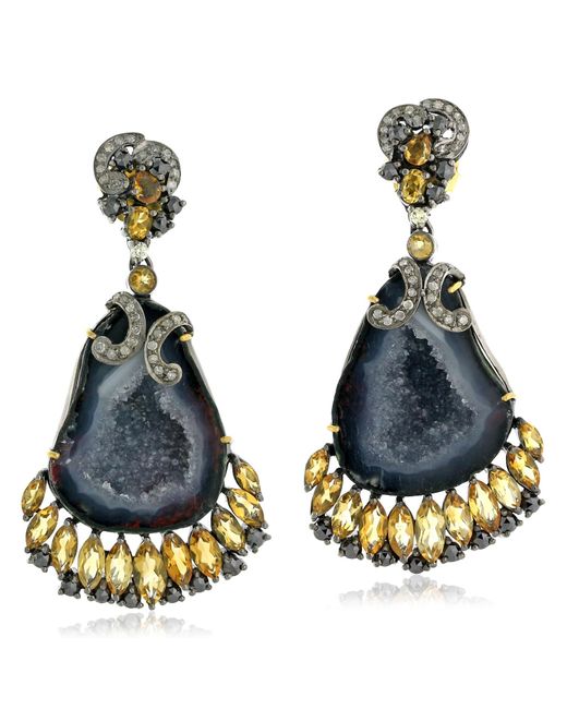 Artisan Blue Oval Geode & Marquise Citrine Pave Diamond In 18k Gold Silver Earrings