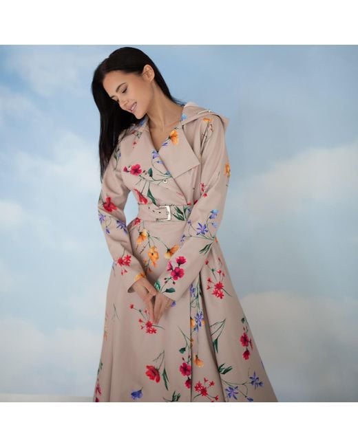 RainSisters Pink Beige Waterproof Trench Coat With Colourful Flower Print: Spring Bloom