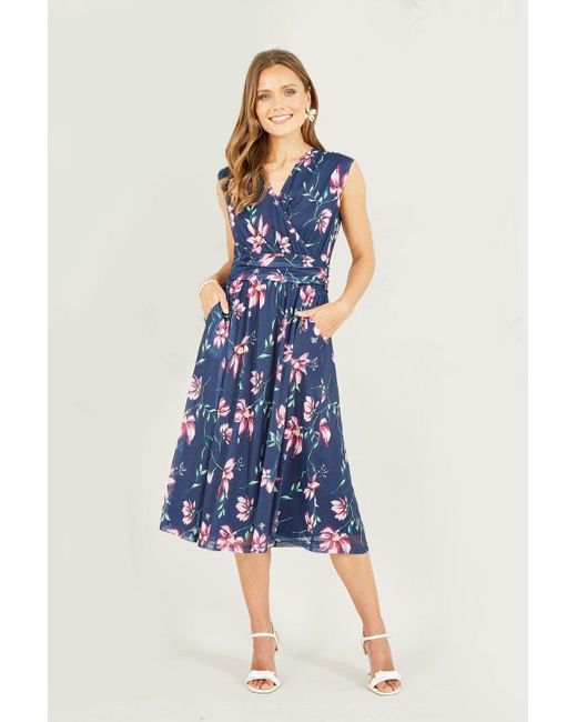 Yumi' Blue Floral Print Mesh Stretch Midi Dress With Pockets