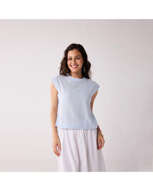 REISTOR Blue Button-Back Crew Neck Top