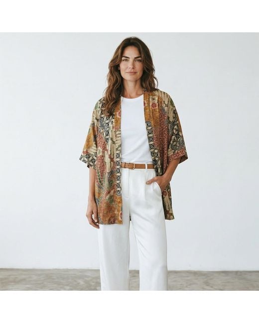 ORIGIN OF HEARTS Brown Marei Floral Print Satin Kimono Shirt
