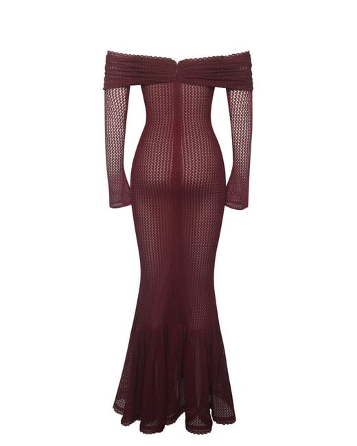 Miss Circle New York Purple Kaedyn Burgundy Off Shoulder Long Sleeve Crochet Mermaid Maxi Dress