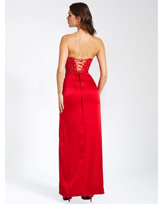 Miss Circle New York Red Kadesha Crystal High Slit Satin Corset Gown