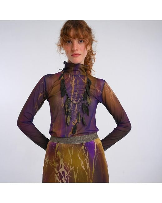 Lalipop Design Purple Abstract Printed Semi-Sheer Tulle Top
