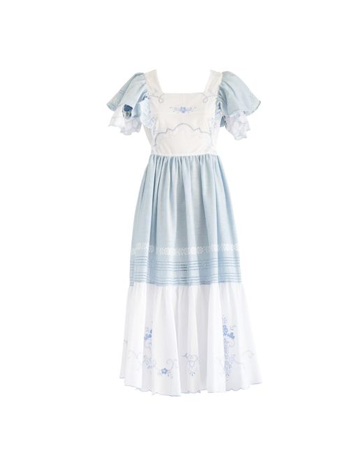 Sugar Cream Vintage Re-design Upcycled Floral Hand Embroidery & Blue Maxi Dress