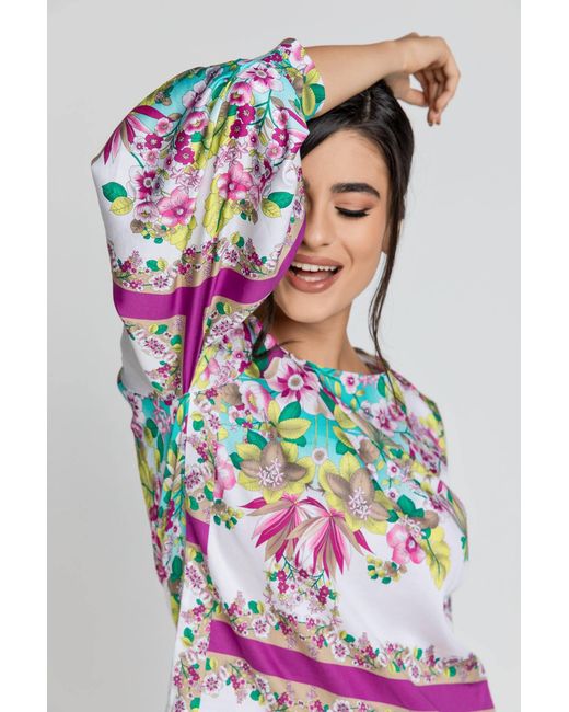 Conquista Multicolor Floral Print Top With Bishop Sleeves