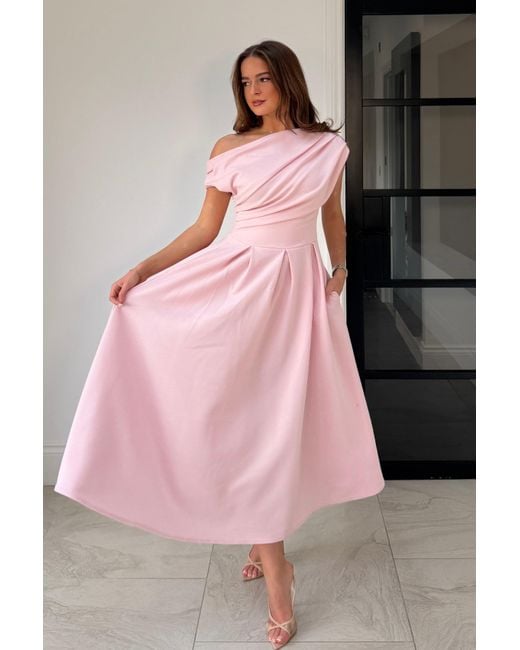 Girl In Mind Pink Betty Asymmetric Neckline Skater Midi