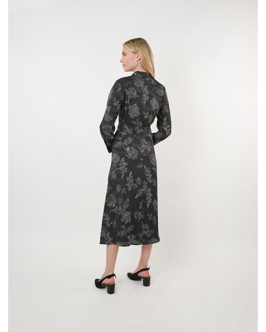 John Abgin Black Georgette Floral Textured Midi Shirt Dress