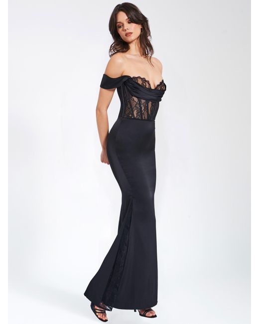 Miss Circle New York Black Callista Satin Lace Corset Maxi Dress