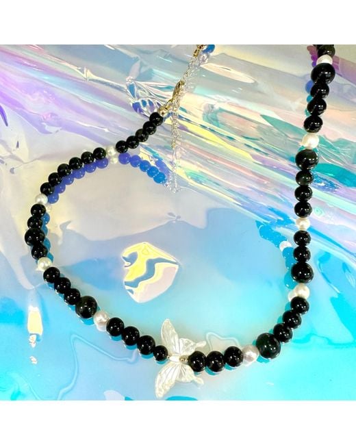 Farra Black Obsidian With White Butterfly Charm Statement Necklace