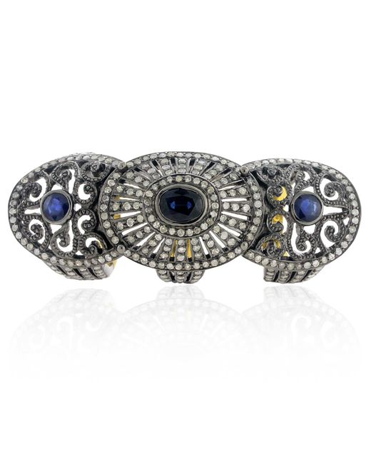 Artisan Multicolor Natural Blue Sapphire & Pave Diamond In 18k Gold With Silver Knuckle Designer Ring