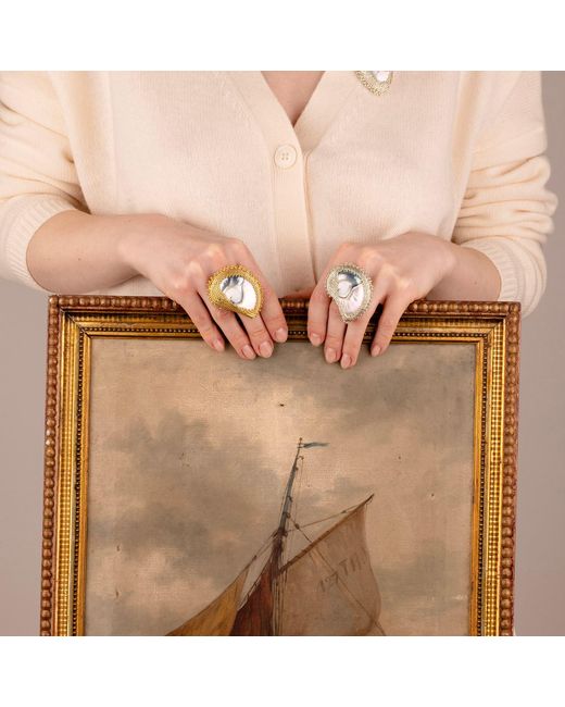 Oana Savu White Beaded Nautilus Seashell Shell Ring Adjustable Sterling