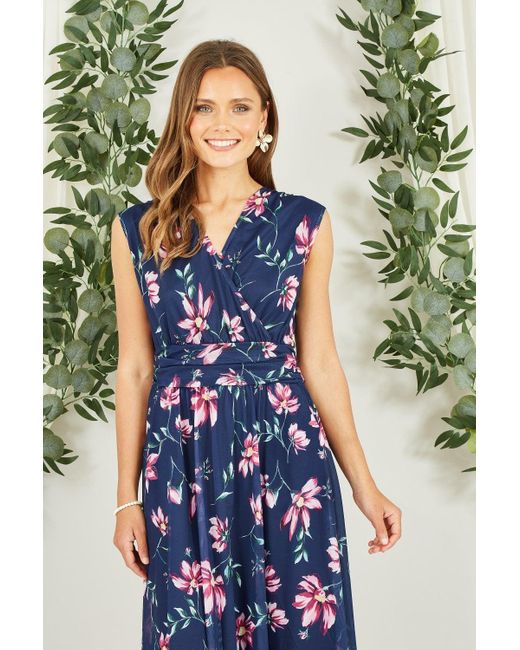 Yumi' Blue Floral Print Mesh Stretch Midi Dress With Pockets