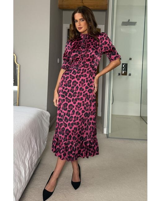 Girl In Mind Red Kirsty Ruffle Hem Midi Dress Leopard