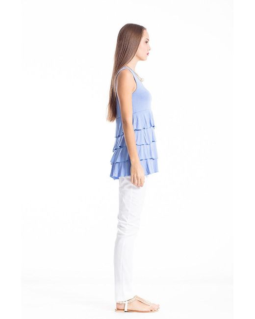 Conquista Blue Sleeveless Tiered Frill Top
