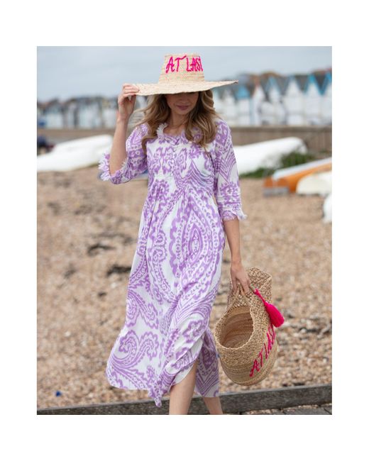At Last Purple Cotton Annabel Maxi Dress In Lilac & White Ikat