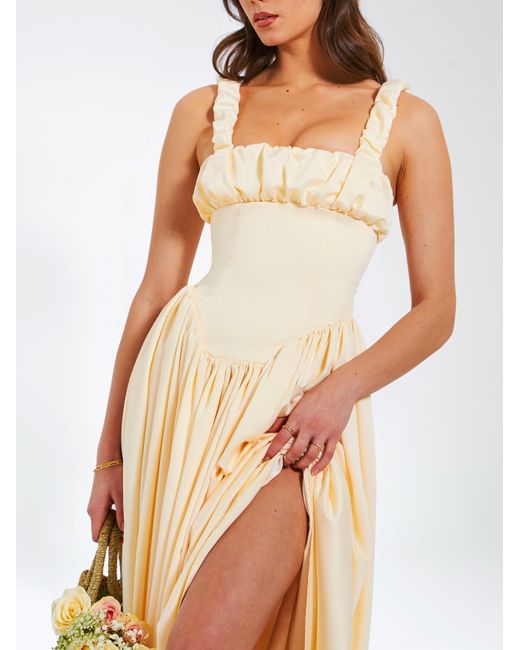 Miss Circle New York Natural Neutrals Noreen Egg Satin Drop Waist Maxi Sundress