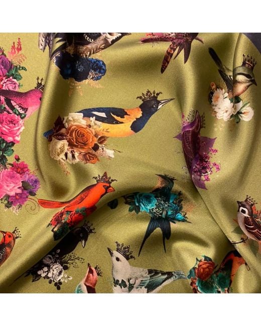 Ralufineart Yellow Silk Twill Pocket Square With Exotic Birds for men