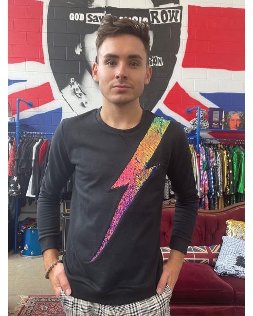 Any Old Iron Black Iridescent Oil Slick Reversible Sequin Lightning Sweatshirt for men