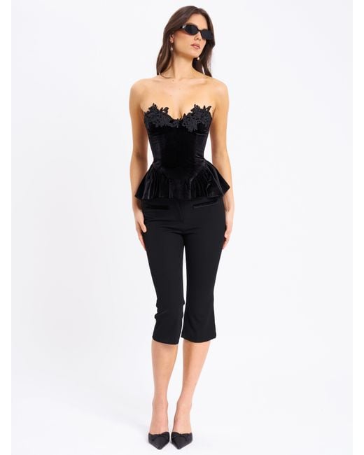 Miss Circle New York Black Qiara Velvet Peplum Top With Lace Trim