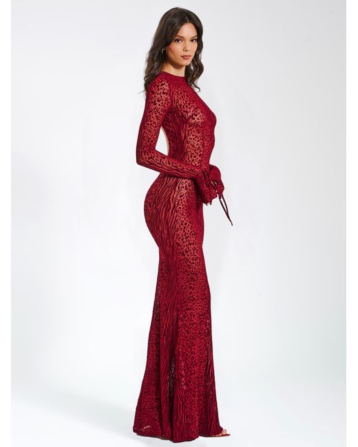 Miss Circle New York Red Waylynn Burnout Velvet Detail Mesh Backless Maxi Dress