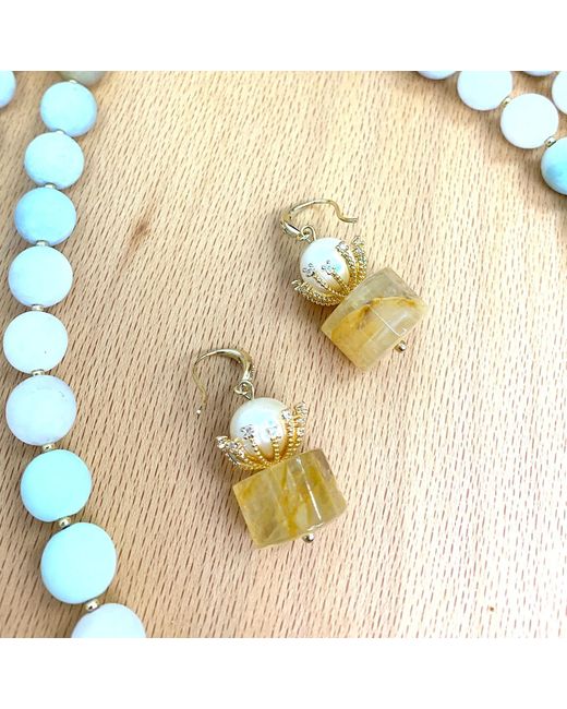 Farra Metallic Cylinder Shaped Citrine With Freshwater Pearl Dangle Earrings