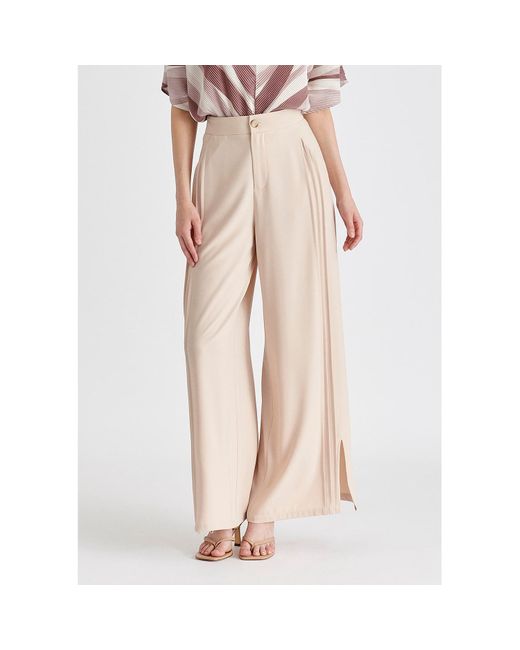 Paisie Natural Neutrals Wide Leg Trousers With Side Pleats And Split Hem