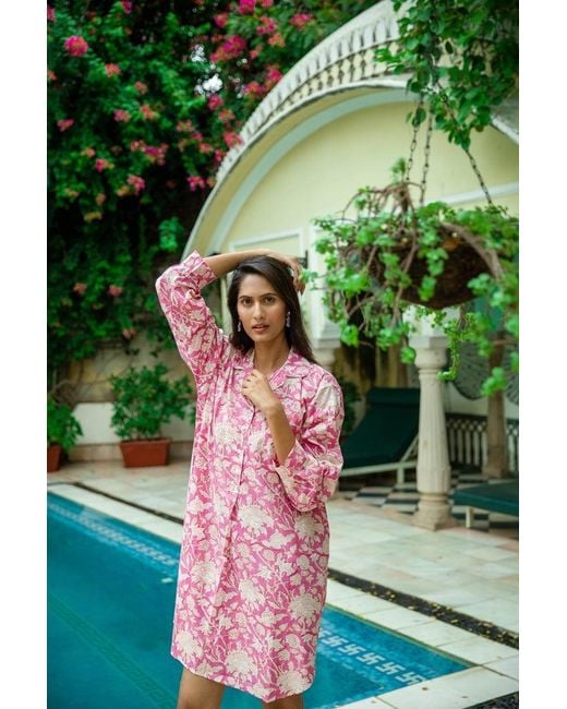 NoLoGo-chic Pink Hand Printed Nightshirt- Hibiscus