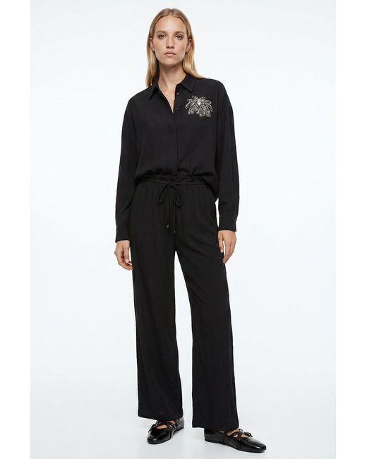 Exquise Black Collared Long Sleeve Embroidered Crinkle Shirt
