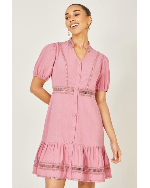Yumi' Pink Cotton Lace Trim Skater Shirt Dress