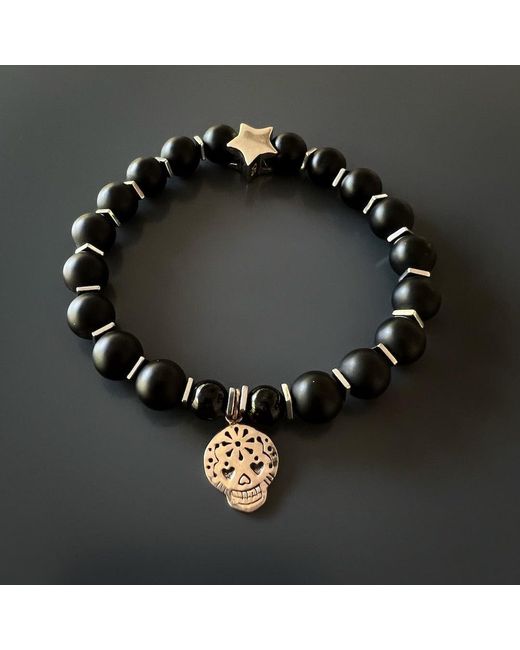 Ebru Jewelry Black Sterling Sugar Skull Charm Onyx Stone Beaded Bracelet