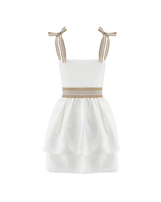 AVENUE No.29 White Linen Gathered Mini Dress With Raffia Straps