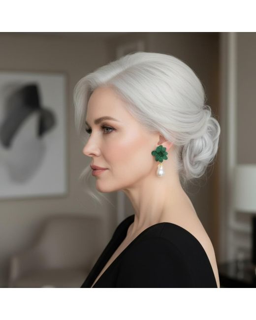 Latelita London Green Amaryllis Flower Baroque Pearl Drop Earrings