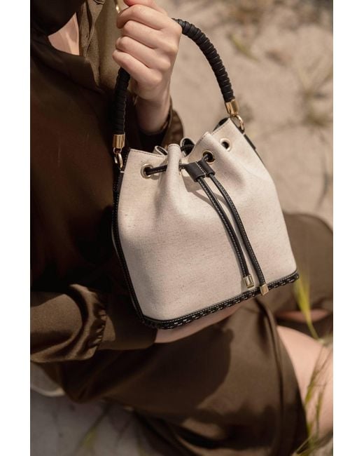 Saonara Brand Natural Bucket Bag Linen Leather