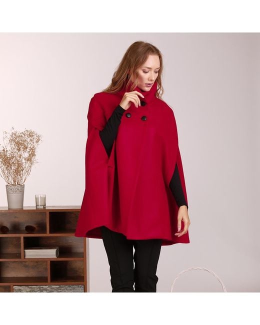 Nikka Place Red Wool Poncho Cloak Coat With Buttons & High Neck