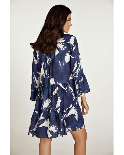 Conquista Blue Navy & White A Line Dress With Bell Sleeves