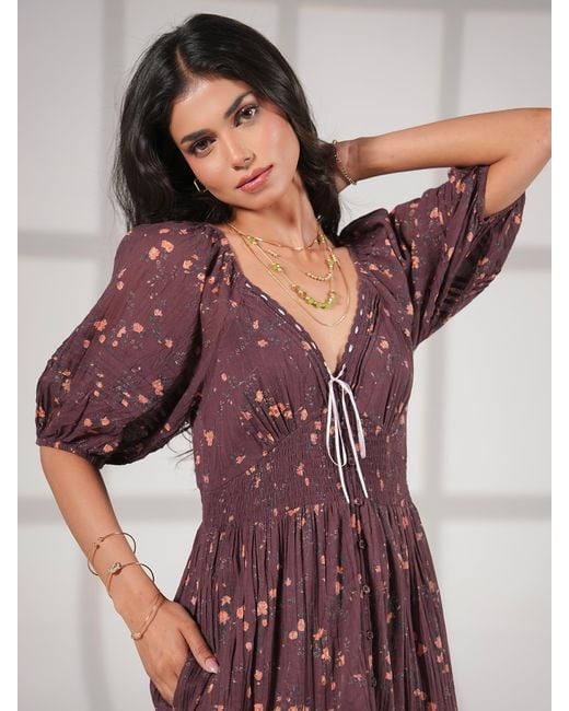 Rose & Nancy Purple Eloise Burgundy Floral Cotton Crinkle Midi Dress