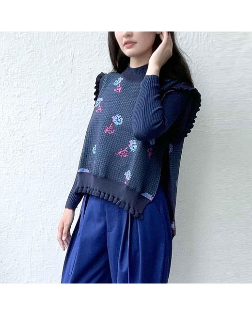 Arto. Hello! Pixel Floral Viscose Crew Neck Ruffles Vest in Blue | Lyst