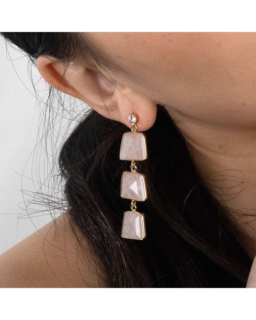 Rare Matters Jewelry Metallic Prism Ladder Rose Quartz Triple Drop Earrings