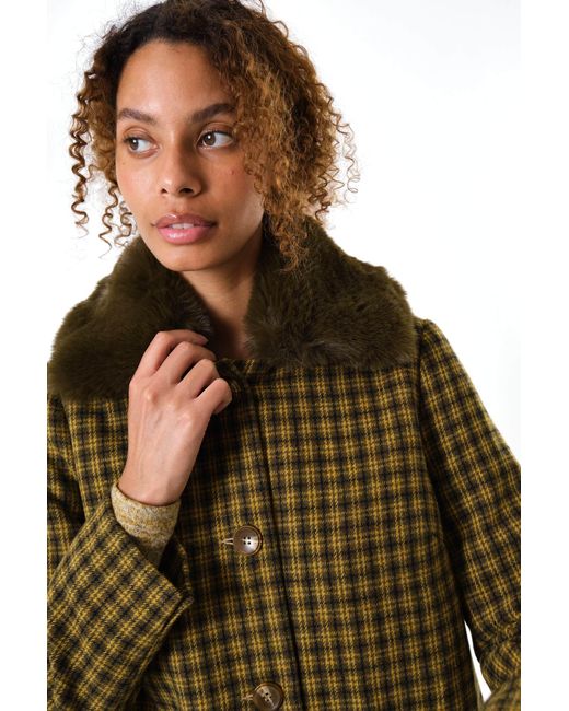 Louche Green Dryden Wyoming Check Faux Fur Collar Coat