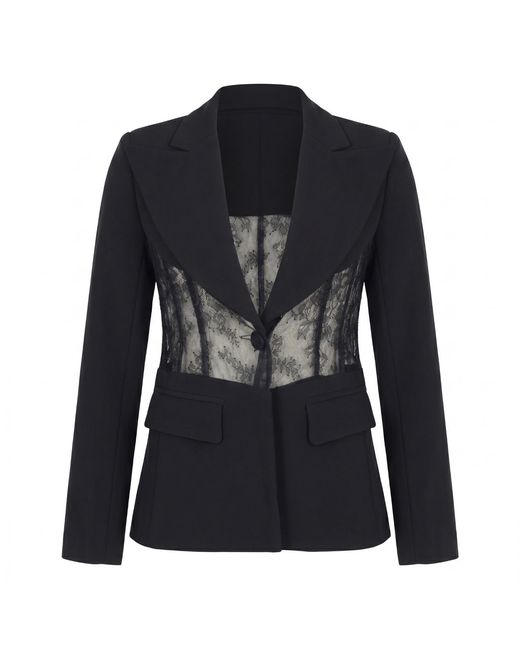 Modenaire Black Lace Panel Blazer With Deep V Neck And Tailored Fit
