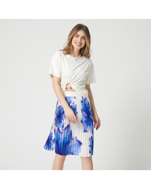 Lalipop Design Blue Floral-print Elasticated-waist Pleated Recycled Fabric Midi Skirt