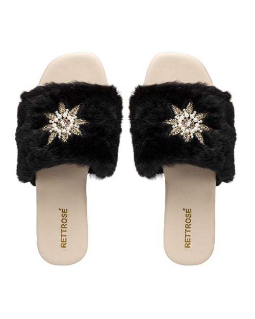 Rettrose Black Taylor Luxury Plush Diamanté Embellished Handmade Sliders