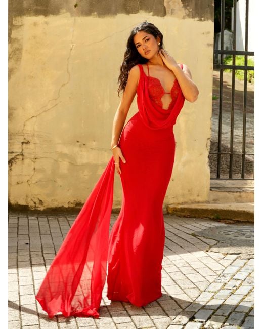 Miss Circle New York Red Ulanda Chiffon Lace Backless Maxi Train Dress
