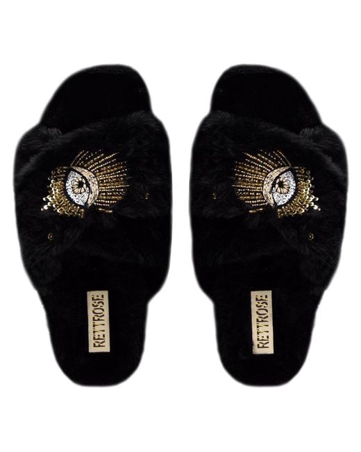 Rettrose Black Blake Luxury Plush Diamanté Embellished Handmade Slipper
