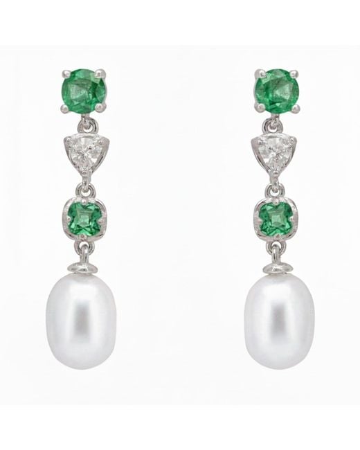 Latelita London White Pearl Whisper Drop Earrings Colombian Emerald