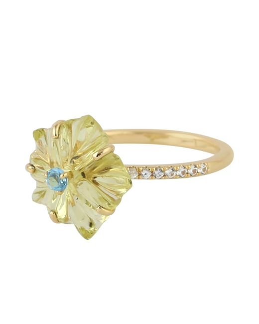 Artisan 18k Yellow Gold Carving Flower Ring Lemon Quartz Gemstone Handmade Jewelry