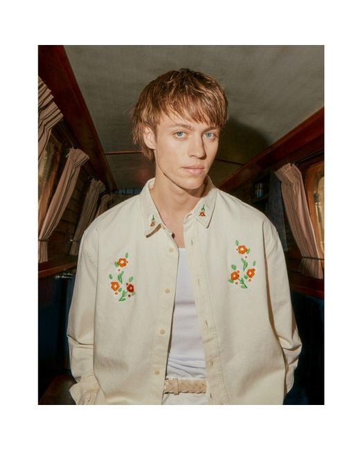 INGMARSON Pink Floral Embroidered Organic Cotton Shirt Ecru for men