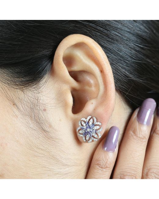 Artisan Metallic Solid White Gold Natural Diamond Tanzanite Stud Earrings Handmade Jewelry