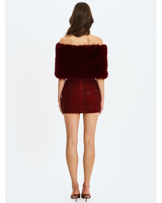 Miss Circle New York Red Darla Burgundy Faux Fur Off-Shoulder Cropped Top